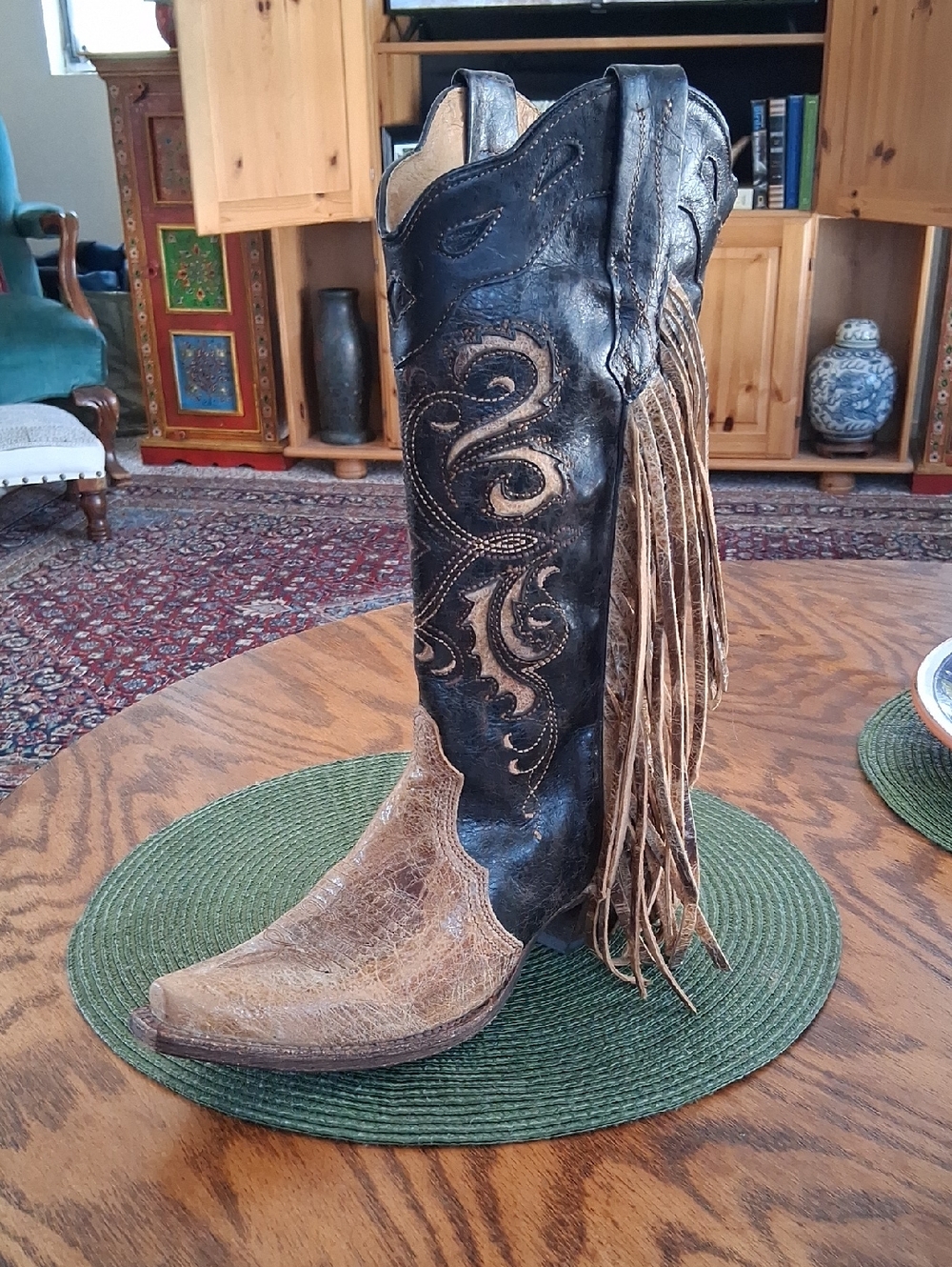 Corral Vintage Leather Brown Tan Inlay Snip Toe Fringe Western Boots Size 7 - Picture 12 of 13